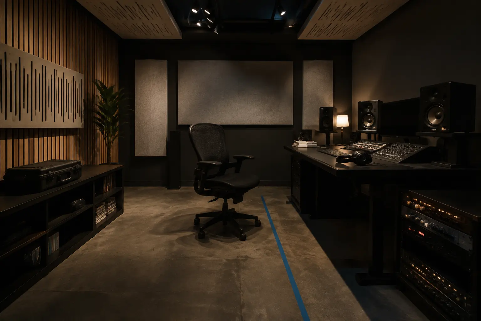 Quiet recording studio lit after hours with an empty chair and equipment ready