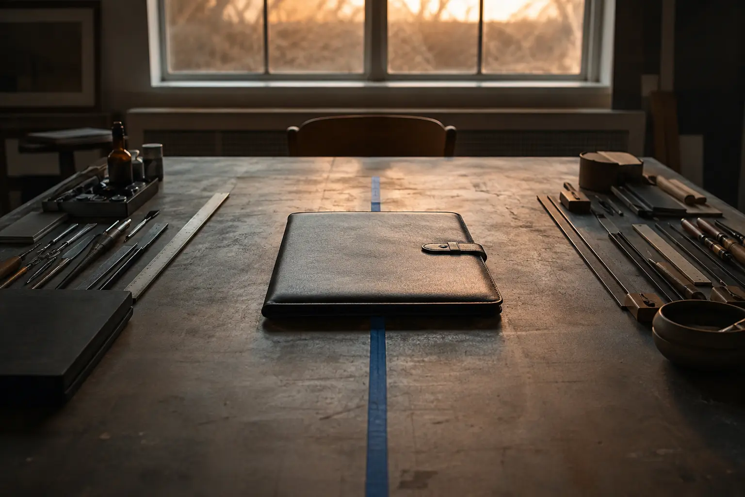 Closed black portfolio centered on a tool-lined workshop table at sunset