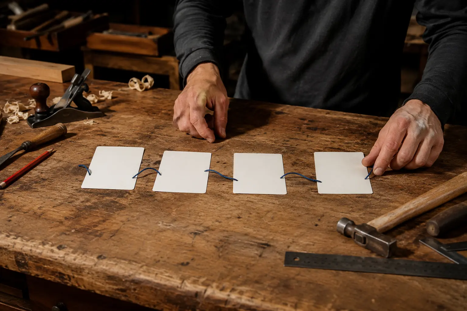 Adult maker connecting four blank project cards across a worn workshop bench